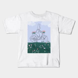 Bunny Cycling in a Flower Field Kids T-Shirt